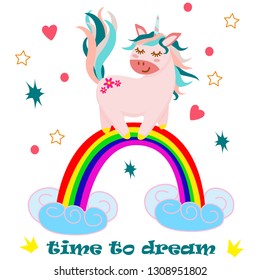 poster with unicorn on a rainbow - vector illustration, eps