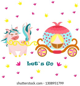 poster with unicorn and princess carriage - vector illustration, eps