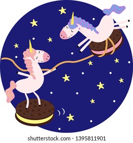 poster with unicorns and cookies in space - vector illustration, eps