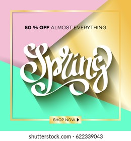 Poster with a unique grunge handwritten lettering-hello Spring executed in vintage style mint and turquoise colors. Vector illustration for flyers, invitations, posters, brochures, greeting cards.