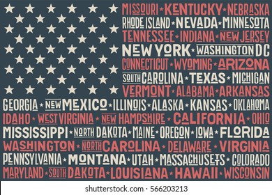 Poster of United States of America flag with states and capital cities. Print for t-shirt of USA flag with names states. Colorful vintage typographic hand-drawn. Vector Illustration