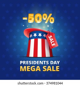 Poster United States Presidents day MEGA SALE 50% trade action illustration with hat colors of usa flag vector wonder focus lights sign percent and stars background