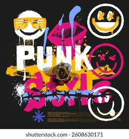 Poster urban typography street art graffiti. Hand drawn change colored rose, diamond, smile, barbed wire, print with spray splash effect for graphic tee t shirt or sweatshirt. Vector Punk style