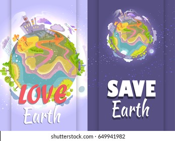 Poster urging people to stop destroying planet. Vector illustration of Earth depicting human impact on environment and its consequences