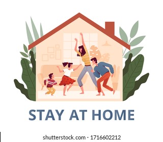 Poster urging you to stay home to protect yourself from the new COVID-2019 coronavirus. Family with children is dancing in quarantine at home.