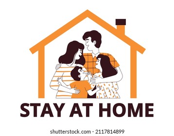 Poster urging you to stay home to protect yourself from the new COVID-2019 coronavirus. A family with children is sitting in quarantine at home.