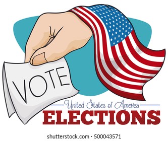 Poster with U.S.A flag and hand holding a ballot paper, promoting the right to d in American elections.