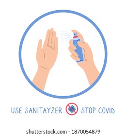 Cartel de la caricatura usando un sanitizador de manos. Símbolos de la mano de la pulverización de alcohol sanitizado, lavar la mano. Covid19 o Coronavirus, control de infecciones. Antiséptico sanitario antibacteriano. Ilustración del vector