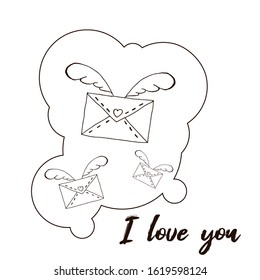 Poster for Valentine's Day. Valentine's card. I love you. Flying envelope. Vector illustration.Contour postcard.