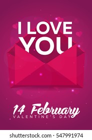 Poster Valentines Day flat. Pink envelope on pink background. Vector flat illustration