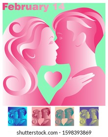 poster for Valentine's day. the girl kisses the guy. miniature copies of the image show different color options. the gradient makes the drawing generalized and decorative. vector illustration. EPS 10.