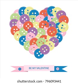 A poster for Valentine's Day with a heart made of multi-colored buttons and a ribbon with an inscription