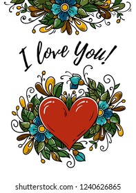 Poster for Valentines day. I love you. Vector illustration with red heart and flower composition. Beautiful Valentines day card.