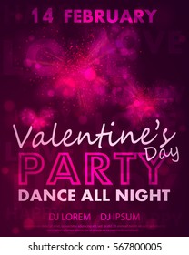 Poster for Valentines Day party, dance template with pink hearts from burst, lights and lettering love, happy. Vector illustration for Holidays.