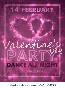 Poster for Valentines Day party, dance template with frame, border,  illuminated pink hearts from line, burst, lights and lettering love, happy. Vector illustration for Holidays.