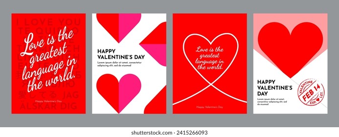 Afiche del Día de San Valentín. Un conjunto de ilustraciones vectoriales planas. 14 de febrero. Minimalista, geométrica, patrón de fondo, icono. Perfecto para afiches, banner de medios, portada. (Traducción: Te amo)