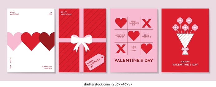 Poster of Valentine's Day. A set of flat vector illustrations. February 14. Minimalist, geometric, background pattern, icon. Perfect for poster, media banner, cover or postcard.