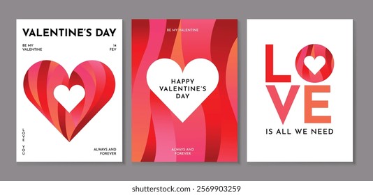 Poster of Valentine's Day. A set of vector illustrations. February 14. Minimalist, heart, curve abstract gradient background pattern, icon. Perfect for poster, media banner, cover or postcard.