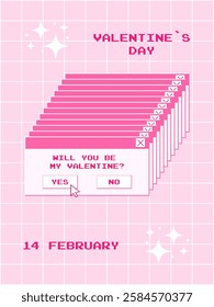 Poster for Valentine's Day in trendy retro style of the 2000s. Popup interface on digital screen asking will you be my valentine