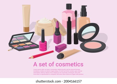 A poster of a variety of cosmetics .Powder, lipstick,foundation, night cream, mascara, eyeliner pencil, eye shadow, lae for nocte.Vector image isolated on a white background. svg