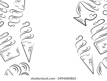 poster of a variety of ice creams in cups drawn with a black outline placed sideways, no background, vector	