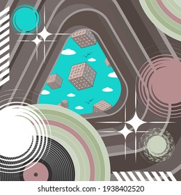 Poster with various art objects. Portal to a parallel world. Collage. Vector illustration