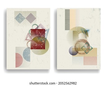 Poster with various geometric elements in modern art style . Minimal design with geometric shapes . Trendy set of  posters . Vector illustration . Contemporary brochure collection.