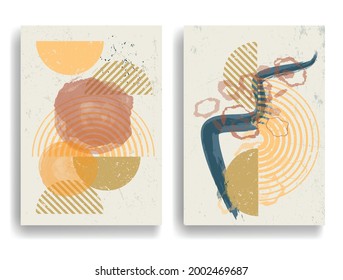 Afiche con varios elementos geométricos en estilo de arte moderno. Diseño mínimo con formas geométricas. Folleto de moda. Ilustración del vector.