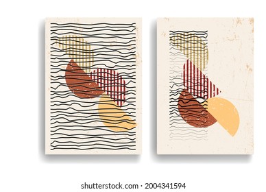Poster with various geometrical elements in modern art style . Minimal design with geometric shapes . Trendy brochure . Vector illustration .