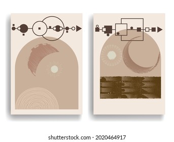 Afiche con varios elementos geométricos en estilo de arte moderno. Diseño mínimo con formas geométricas. Folleto de moda. Ilustración del vector.