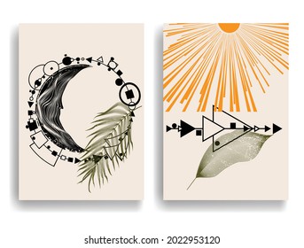 Poster with various geometrical elements in modern art style . Minimal design with geometric shapes . Trendy brochure . Vector illustration .