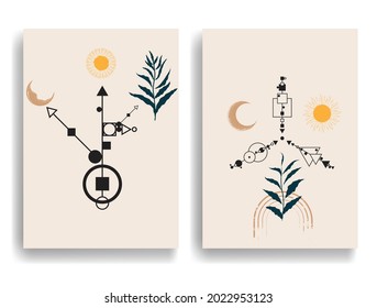 Poster with various geometrical elements in modern art style . Minimal design with geometric shapes . Trendy brochure . Vector illustration .