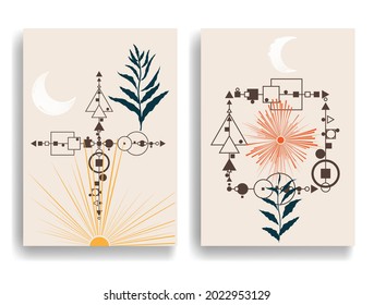 Poster with various geometrical elements in modern art style . Minimal design with geometric shapes . Trendy brochure . Vector illustration .