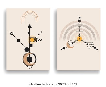 Afiche con varios elementos geométricos en estilo de arte moderno. Diseño mínimo con formas geométricas. Folleto de moda. Ilustración del vector.