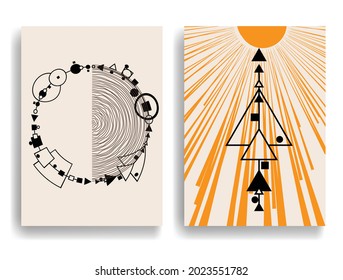 Poster with various geometrical elements in modern art style . Minimal design with geometric shapes . Trendy brochure . Vector illustration .