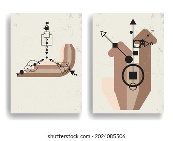 Poster with various geometrical elements in modern art style . Minimal design with geometric shapes . Trendy brochure . Vector illustration .