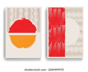 Poster with various geometrical elements in modern art style . Minimal design with geometric shapes . Trendy brochure . Vector illustration .