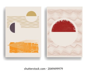 Poster with various geometrical elements in modern art style . Minimal design with geometric shapes . Trendy brochure . Vector illustration .