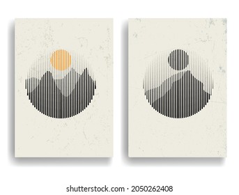 Poster with various geometrical elements in modern art style . Minimal design with geometric shapes . Trendy brochure . Vector illustration .