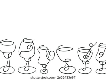 poster of various icons with glasses for various drinks drawn with several lines in line art style