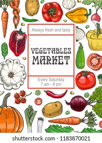 Poster with various vegetables: tomato, pepper, pumpkin, onion, spinach, radish, peas, beets, squash  