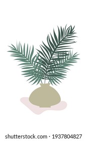 Poster vase with palm branches. Minimalist wall banner, for interior design, in calm pastel colors.  Poster composition with vase and palm branches of plants, trees. Boho style, trendy design, modern.
