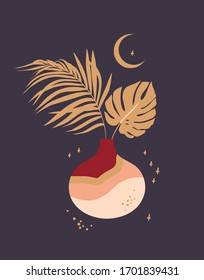 
Poster with a vase and a palm leaf in a minimalist style. Abstract still life illustration with moon and stars