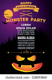 Poster for vecherinki monsters on Halloween. Lantern Jack. Bats against the moon