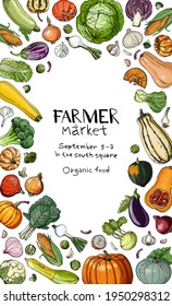 Poster Vector colored food icons Vegetables. Farm products, herbs and spices, salad, pumpkin, tomatoes, peppers