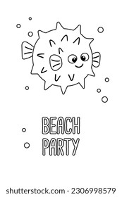 Afiche del vector lindo dibujos animados sopla peces con burbujas y texto Beach party en estilo plano. Ilustración aislada del carácter de animal marino para la tarjeta