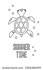 Poster of vector cute cartoon sea turtle with bubbles and text Summer time in flat style. Isolated illustration of sea animal character for card