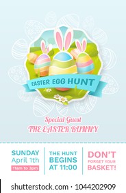Poster with vector cute label for Easter Egg Hunt with ribbon, colored eggs and ears of a rabbit. Festive tag with cartoon spring scene with chamomiles and bushes in field for flyers and banners.