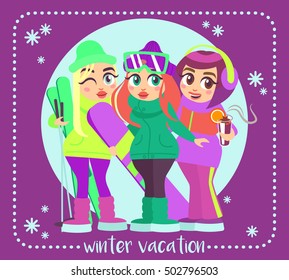 Poster vector design with the girls on winter vacation. Cartoon style.