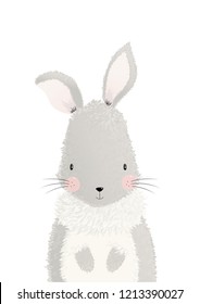 Poster vector illustration of cute fluffy rabbit isolated on white background. Graphic hand drawing bunny animal greeting card for kids, decor for nursery room. Wallpaper, apparel, invitation concept